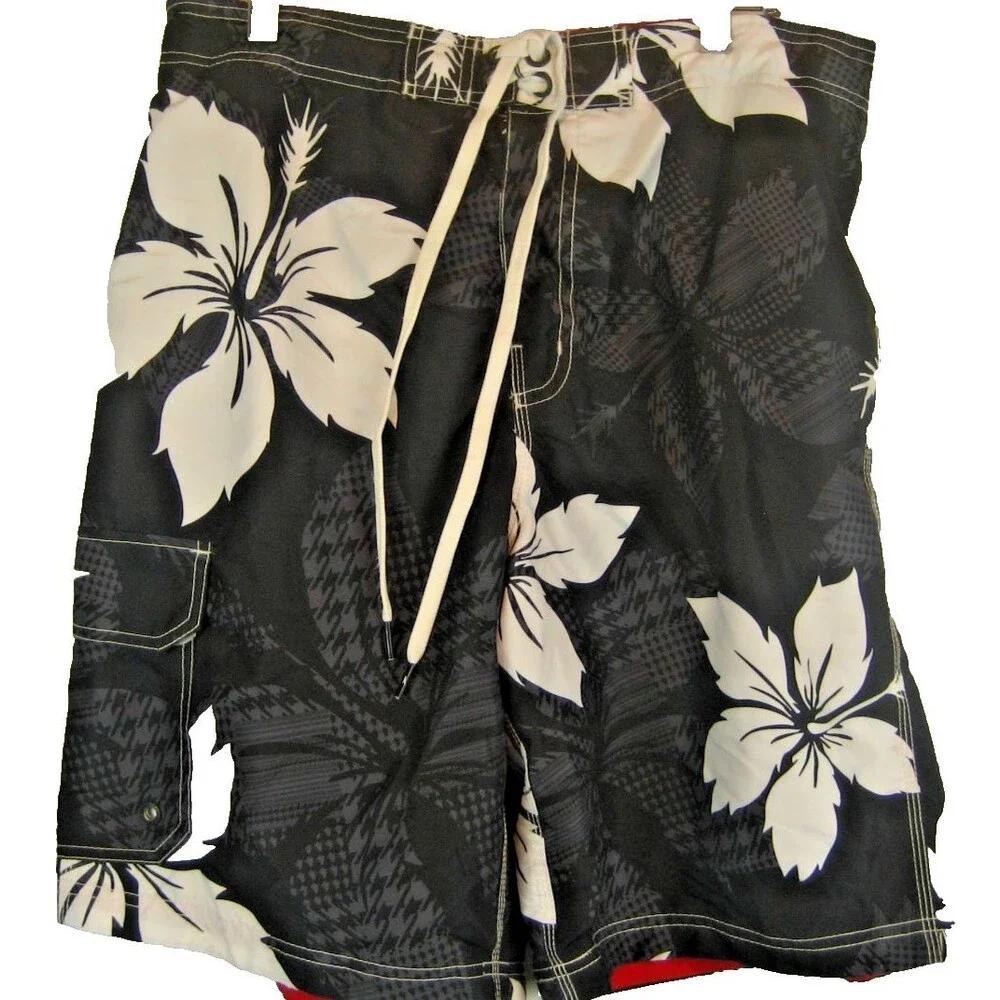 Mens Speedo Black Floral Poly Lined 3 Pocket Board Swim Shorts sz LG